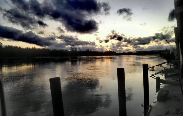 Clouds, nature, river, sunrise, shore, pier, white nights