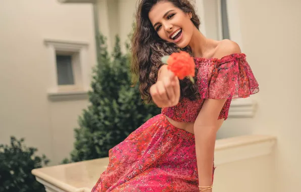 Picture flower, girl, smile, skirt, brunette, blouse, top, curls