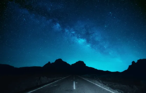 Road, space, stars, silhouette, The Milky Way, Buttes