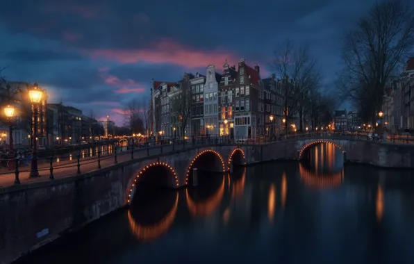 Light, the city, lights, home, the evening, Amsterdam, channel, bridges