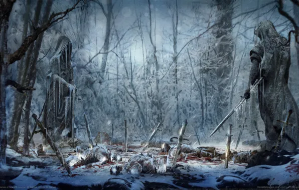 Picture forest, snow, blood, swords, statues, game wallpapers, Heroes of Newerth