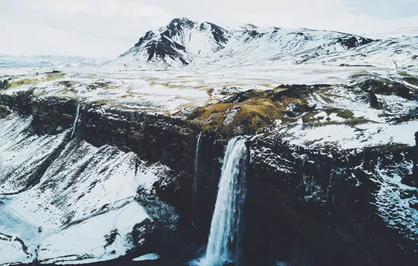 Picture winter, snow, mountains, waterfall, Iceland