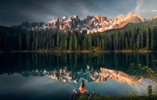 Picture girl, landscape, mountains, nature, lake, reflection, stones, Italy