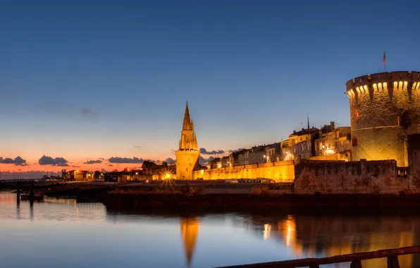Picture the city, lights, coast, France, the evening, Bay, fortress, architecture