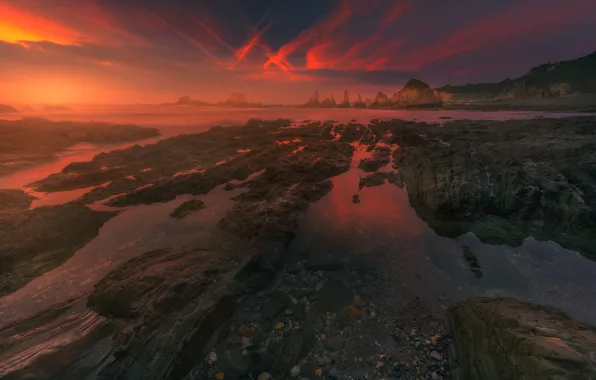 Sea, the sky, clouds, line, sunset, mountains, red, stones