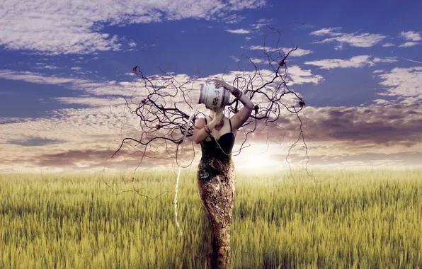 Girl, branches, nature, art, pitcher, Mother Earth