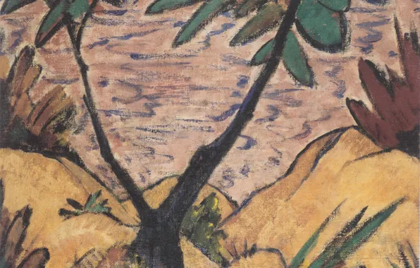 Picture Landscape, Expressionism, Otto Mueller, ca 1920, with gegabeltem tree