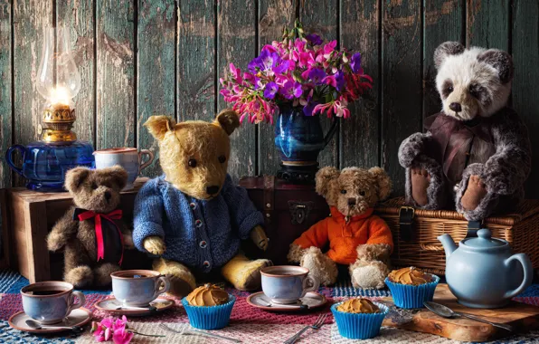 Flowers, style, mood, toys, bouquet, kettle, bears, the tea party