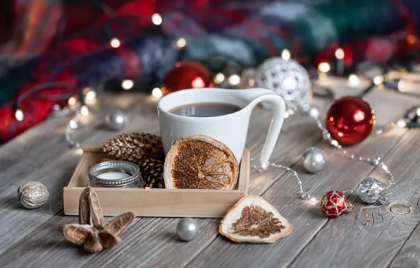 Balls, table, tea, Board, Christmas, mug, Cup, New year