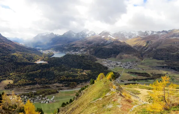 Picture autumn, forest, clouds, mountains, lake, Switzerland, valley, Grisons