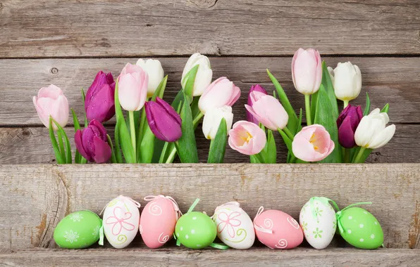 Flowers, eggs, spring, colorful, Easter, happy, wood, pink