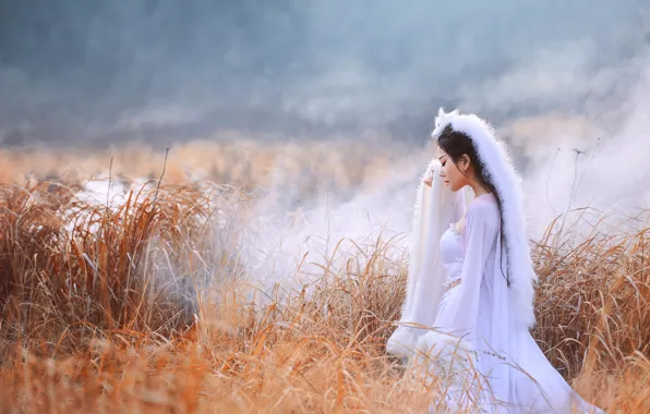 Girl, nature, fog, profile, Asian, Fox, closed eyes, headdress