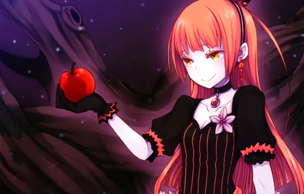 Picture girl, snow, flowers, apples, anime, crown, art, fruit