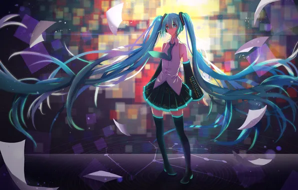 Girl, abstraction, smile, anime, art, leaves, vocaloid, hatsune miku