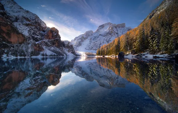 Winter, autumn, the sky, snow, mountains, lake, reflection