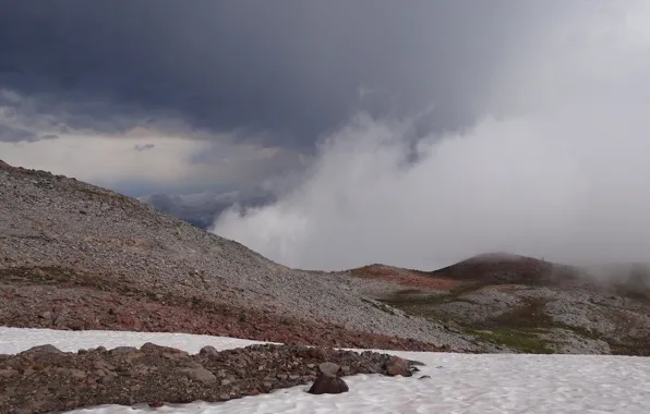 Snow, mountains, fog