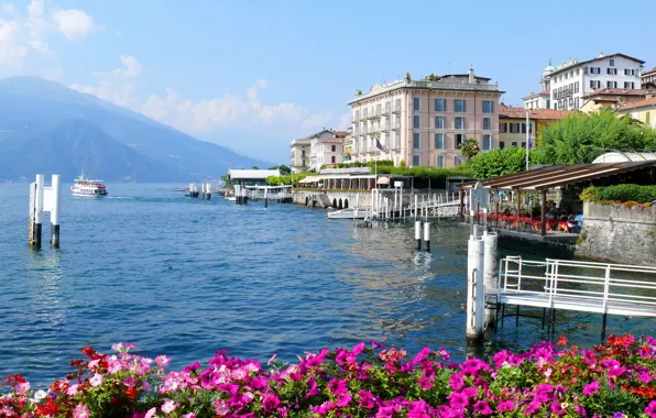 Flowers, mountains, the city, photo, ship, home, Italy, lake Como