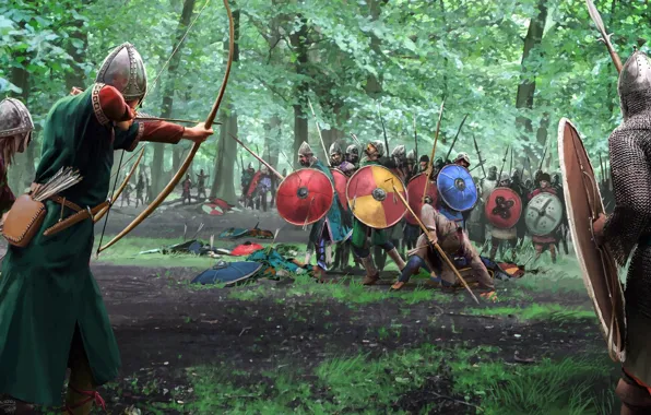 Weapons, Forest, battle, warrior, bow, shield, armor