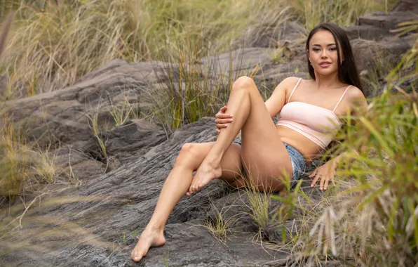 Rock, grass, long hair, hot girl, field, nature, model, brunette