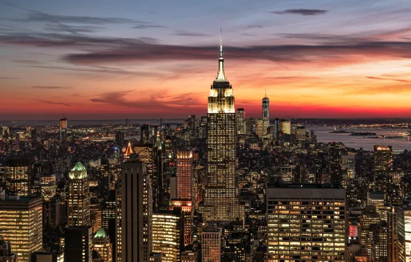 Sunset, building, home, New York, night city, Manhattan, skyscrapers, Manhattan