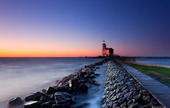 Picture road, landscape, sunset, nature, lake, stones, lighthouse, Netherlands