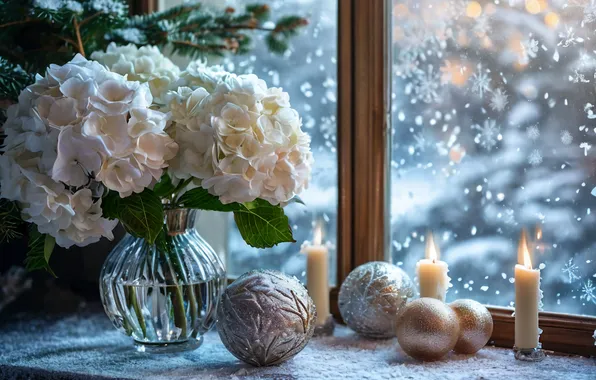 Winter, snow, flowers, snowflakes, holiday, candles, New year, hydrangea