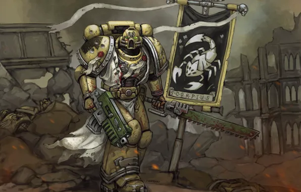 Picture sword, helmet, armor, Space Marine, Warhammer, art, Warhammer 40k, banner