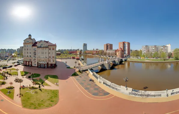 Picture bridge, river, building, Russia, Kaliningrad