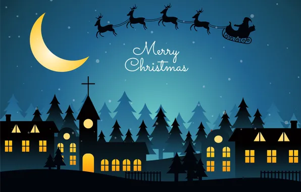 Home, Night, Christmas, New year, Santa Claus, Deer, Merry Christmas, Sleigh