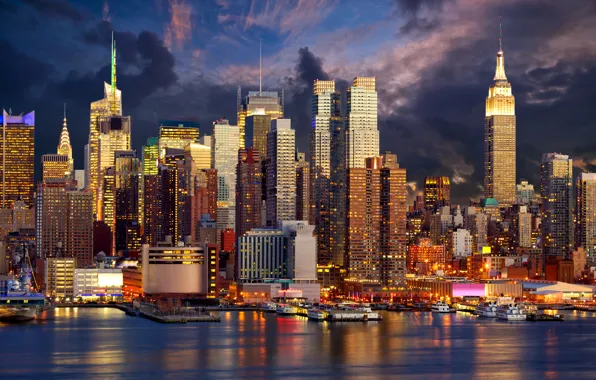Picture night, lights, coast, New York, skyscrapers, USA, Manhattan, piers