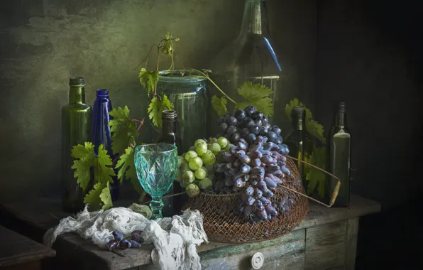 Glass, leaves, table, mesh, glass, grapes, Bank, bottle