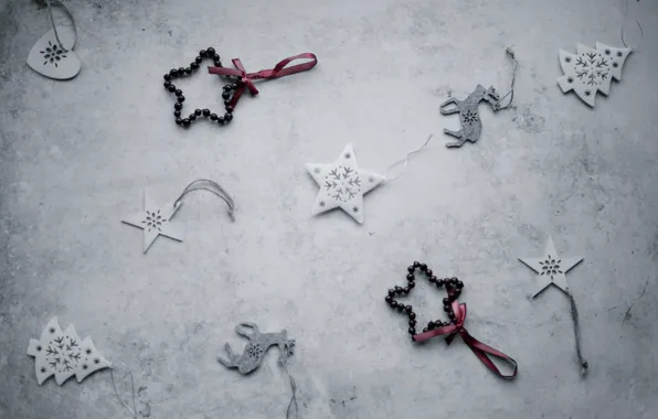Winter, holiday, toys, Christmas, New year, beads, grey background, deer