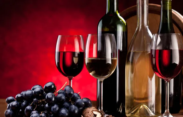 Wine, red, white, glasses, grapes, bunch, bottle, drink