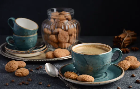 Picture coffee, cookies, Cup, Bank, cinnamon, spices