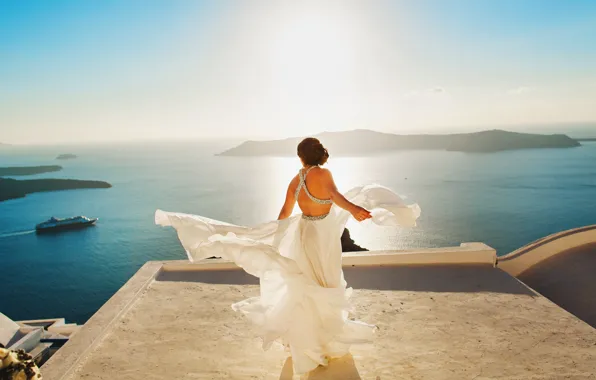 Roof, sea, girl, the sun, ship, island, horizon, white dress