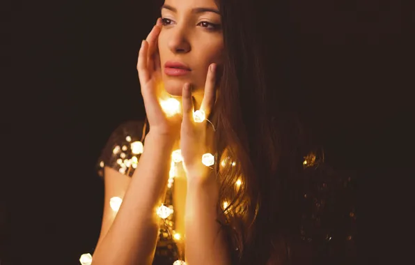 Picture look, girl, face, lights, background, hands, garland