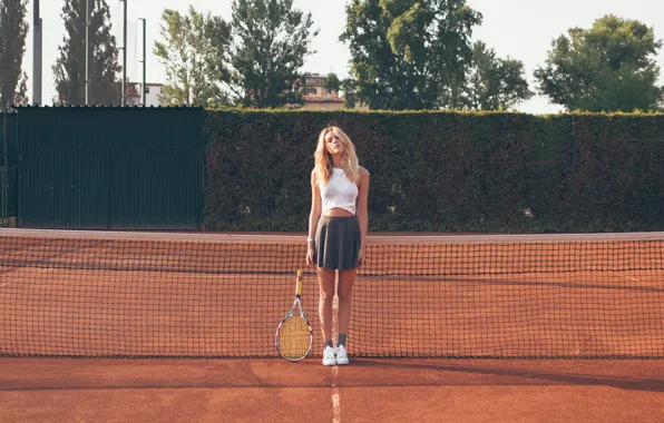 Summer, girl, face, hair, skirt, racket, legs, tennis