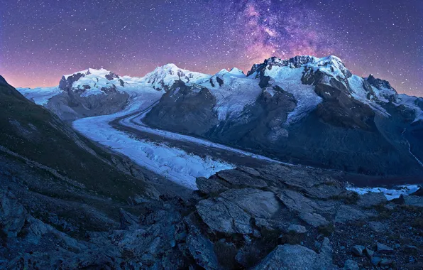 Stars, snow, mountains, night, stones, twilight