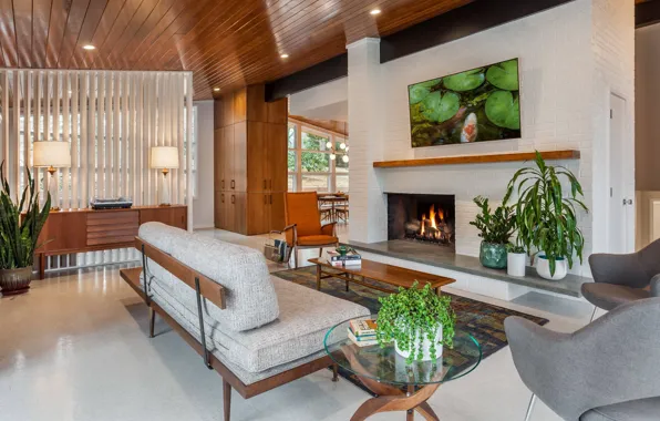 Interior, fireplace, retro style, living room, Mid-century modern