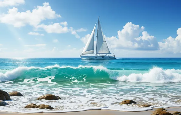 Wave, the sky, the ocean, Wallpaper, shore, sailboat, yacht, art
