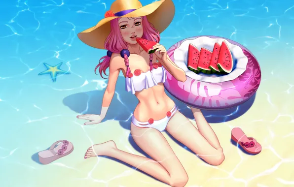 Picture beach, swimsuit, chest, summer, girl, hat, watermelon, JoJo's Bizarre Adventure