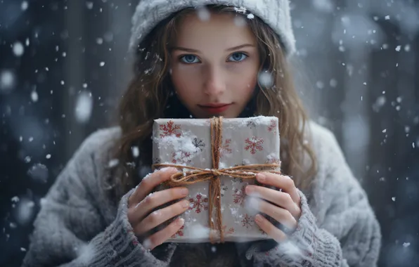 Winter, forest, girl, snow, snowflakes, smile, Park, box