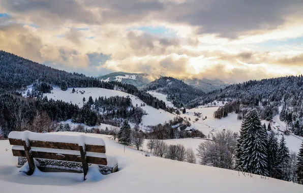 Winter, mountains, bench