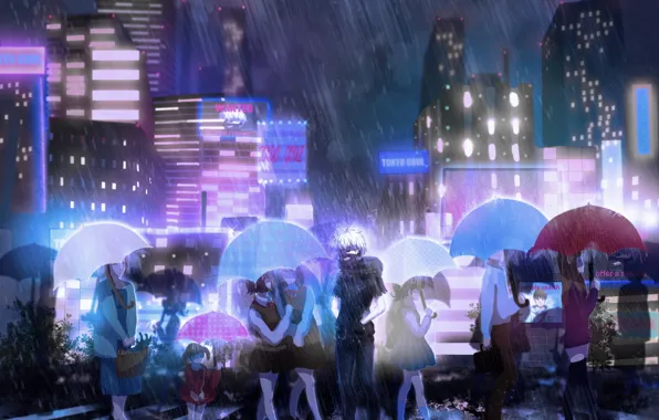Picture the city, people, rain, umbrella, anime, mask, art, signs