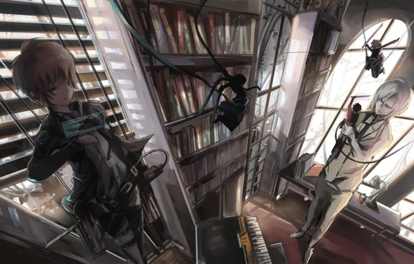 Picture girl, weapons, room, books, anime, piano, art, guy