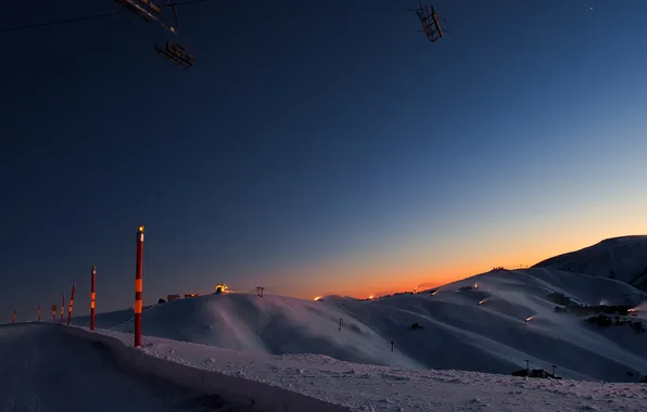 Road, landscape, mountains, night