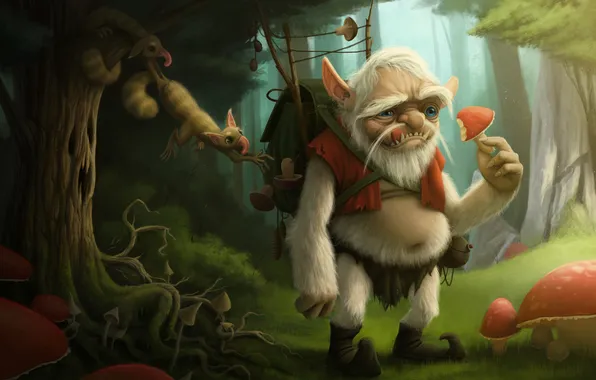 Forest, trees, mushrooms, art, mushroom, Alekyan, Konstantin Alekyan