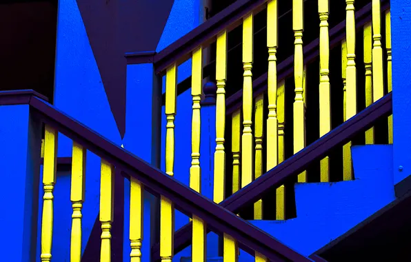 Picture blue, yellow, texture, ladder, railings, stage