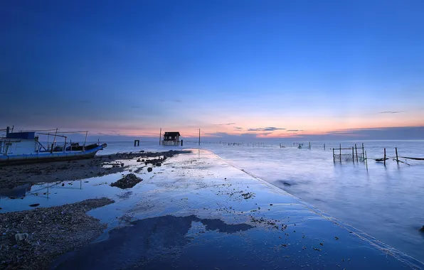 Sea, the sky, clouds, sunset, network, shore, tide