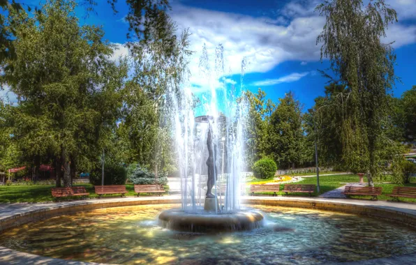 Summer, the sky, clouds, trees, nature, Park, fountain, benches